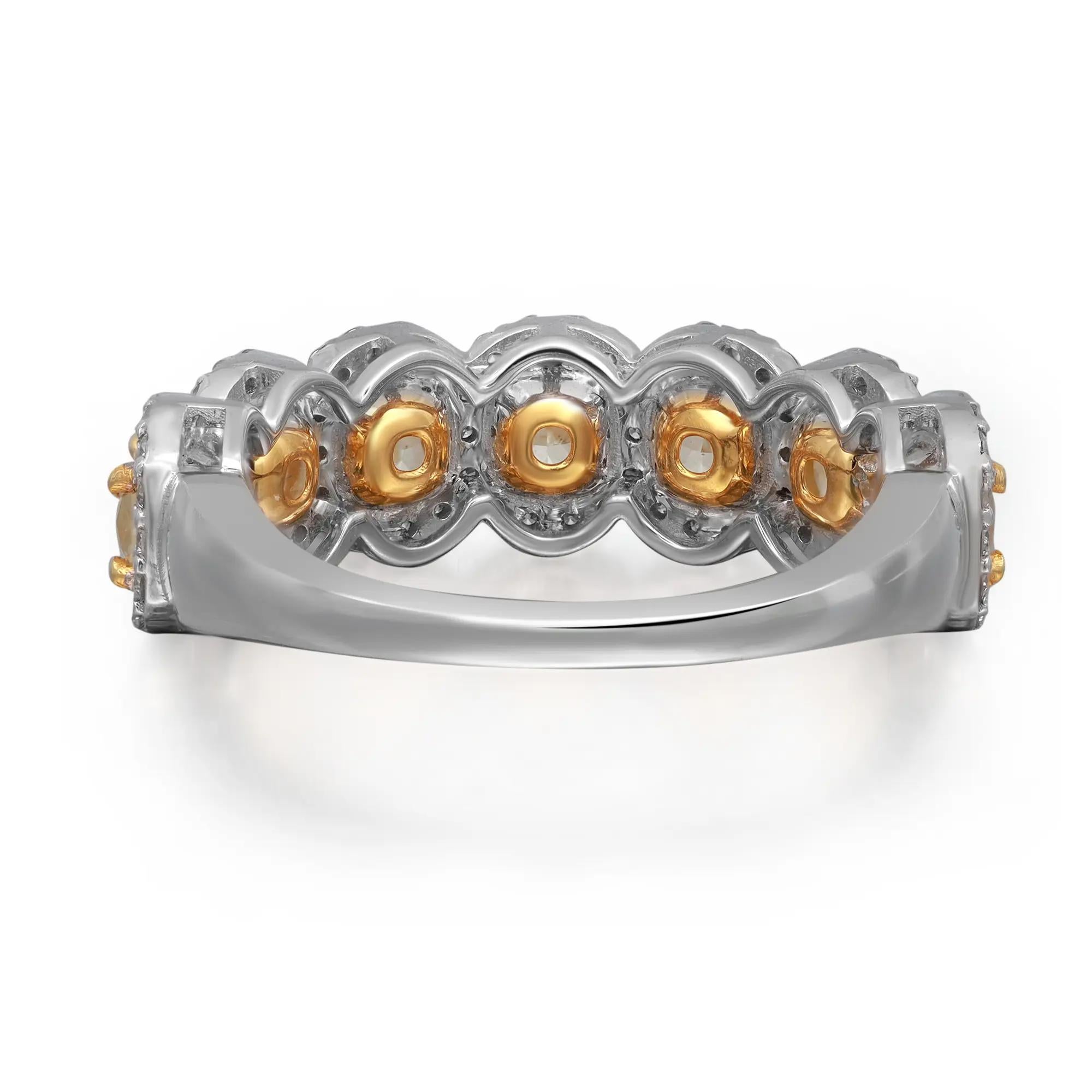 Anillo de media alianza con diamantes amarillos y blancos talla cojín Oro blanco de 14 quilates 2,43 qt Moderno en venta
