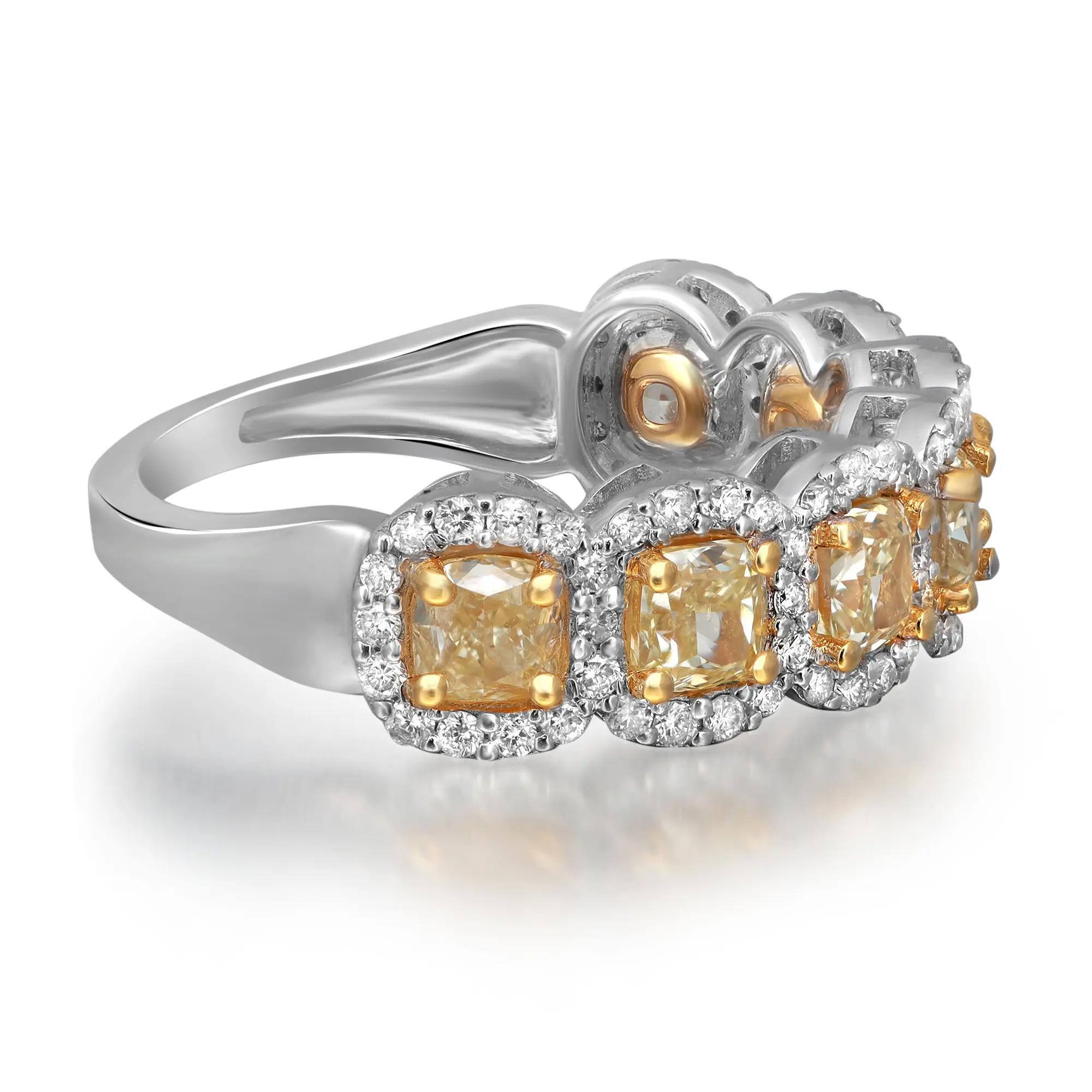 Anillo de media alianza con diamantes amarillos y blancos talla cojín Oro blanco de 14 quilates 2,43 qt Corte cojín en venta