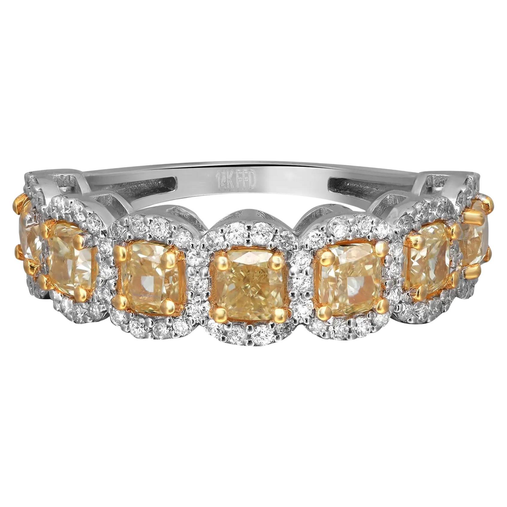 Cushion Cut Yellow & White Diamond Half Eternity Band Ring 14K White Gold 2.43Ct