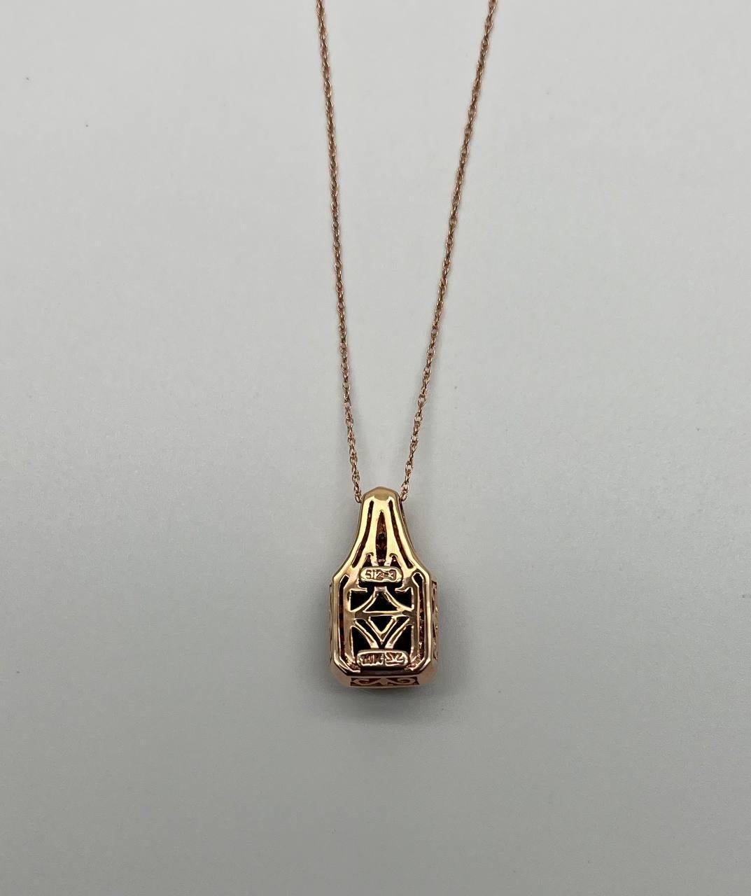 Cushion Cut Cushion Dark Red Garnet Champagne Diamond Halo 14K Rose Gold Pendant Necklace For Sale