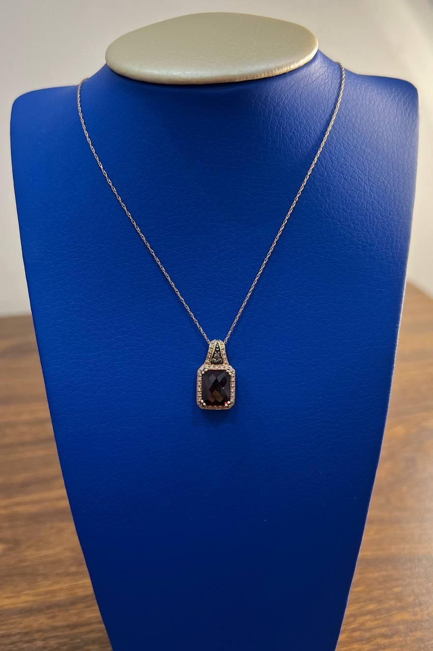 Women's Cushion Dark Red Garnet Champagne Diamond Halo 14K Rose Gold Pendant Necklace For Sale