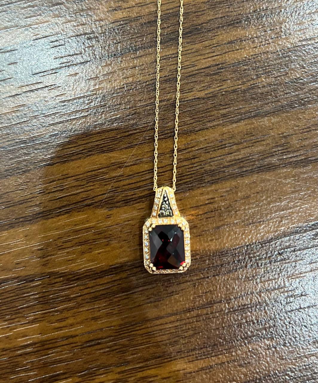 Cushion Dark Red Garnet Champagne Diamond Halo 14K Rose Gold Pendant Necklace For Sale 1