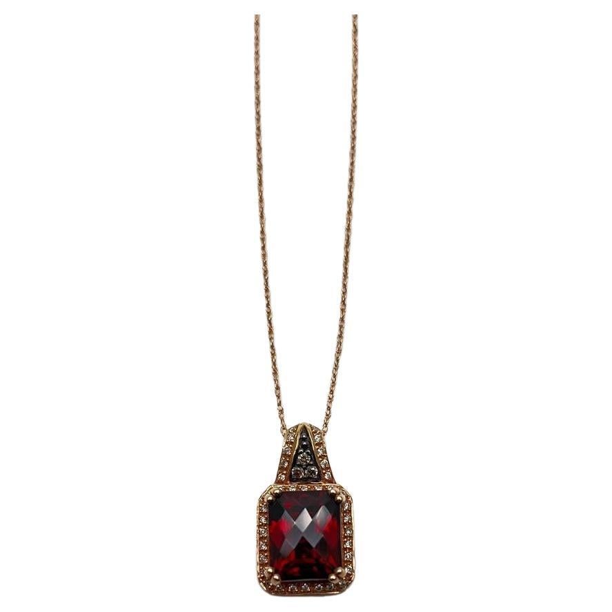 Cushion Dark Red Garnet Champagne Diamond Halo 14K Rose Gold Pendant Necklace