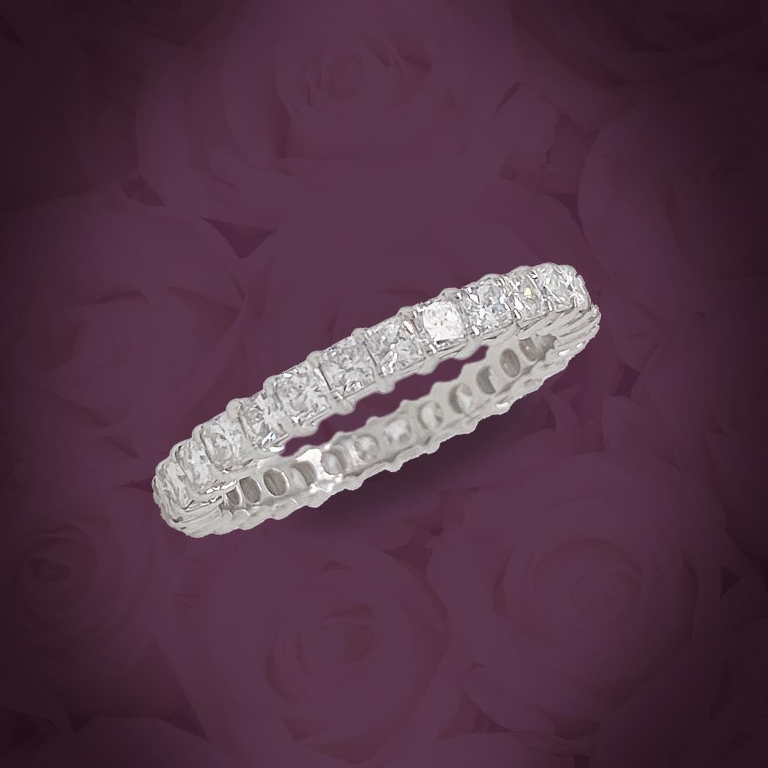 This Cushion diamond ring is a beautiful eternity band.
This ring has 30 Cushion diamonds, with a total carat of 1.62.
The diamonds are F color VS clarity.
The ring is a finger size 6.5 and is set in platinum.