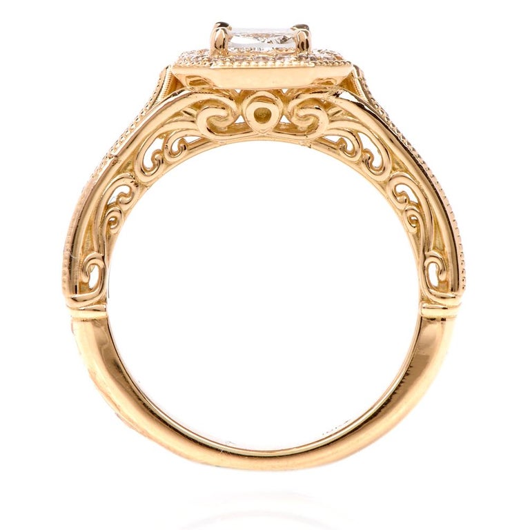 Cushion Diamond Filigree Halo 18 Karat Yellow Gold Engagement Ring at