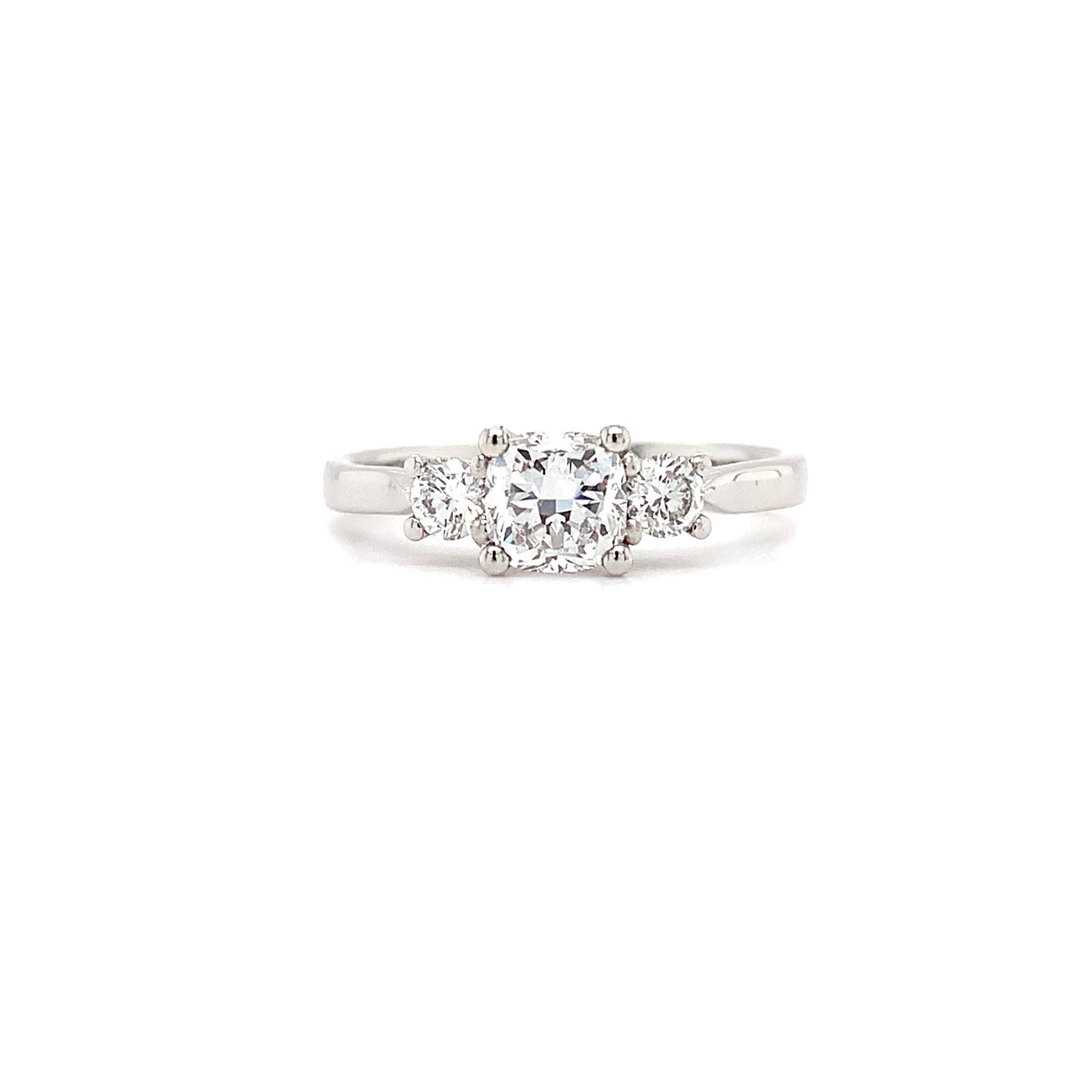 Women's Cushion diamond GIA trilogy three stone engagement ring platinum For Sale