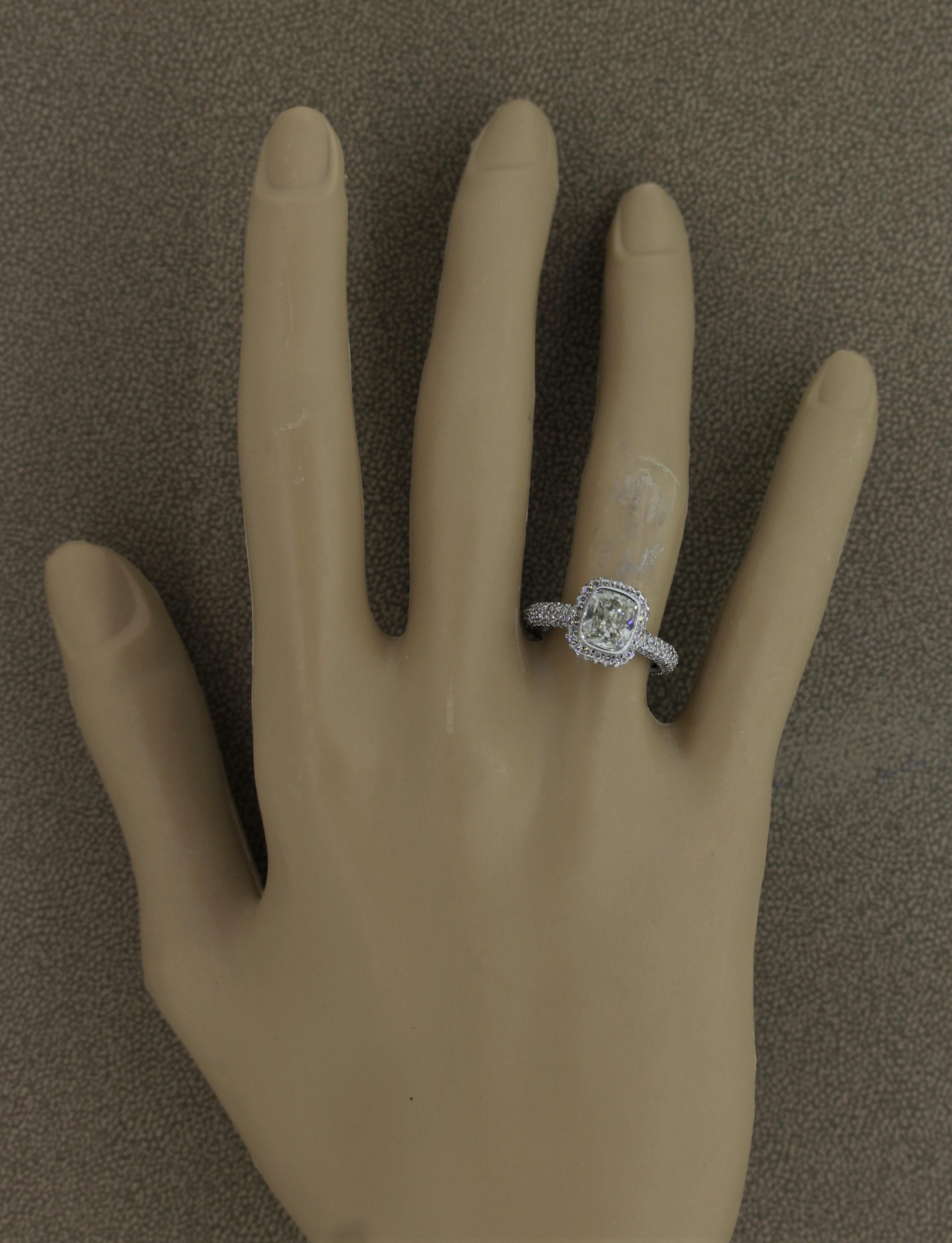 Women's Cushion Diamond Gold Bezel Set Engagement Ring For Sale