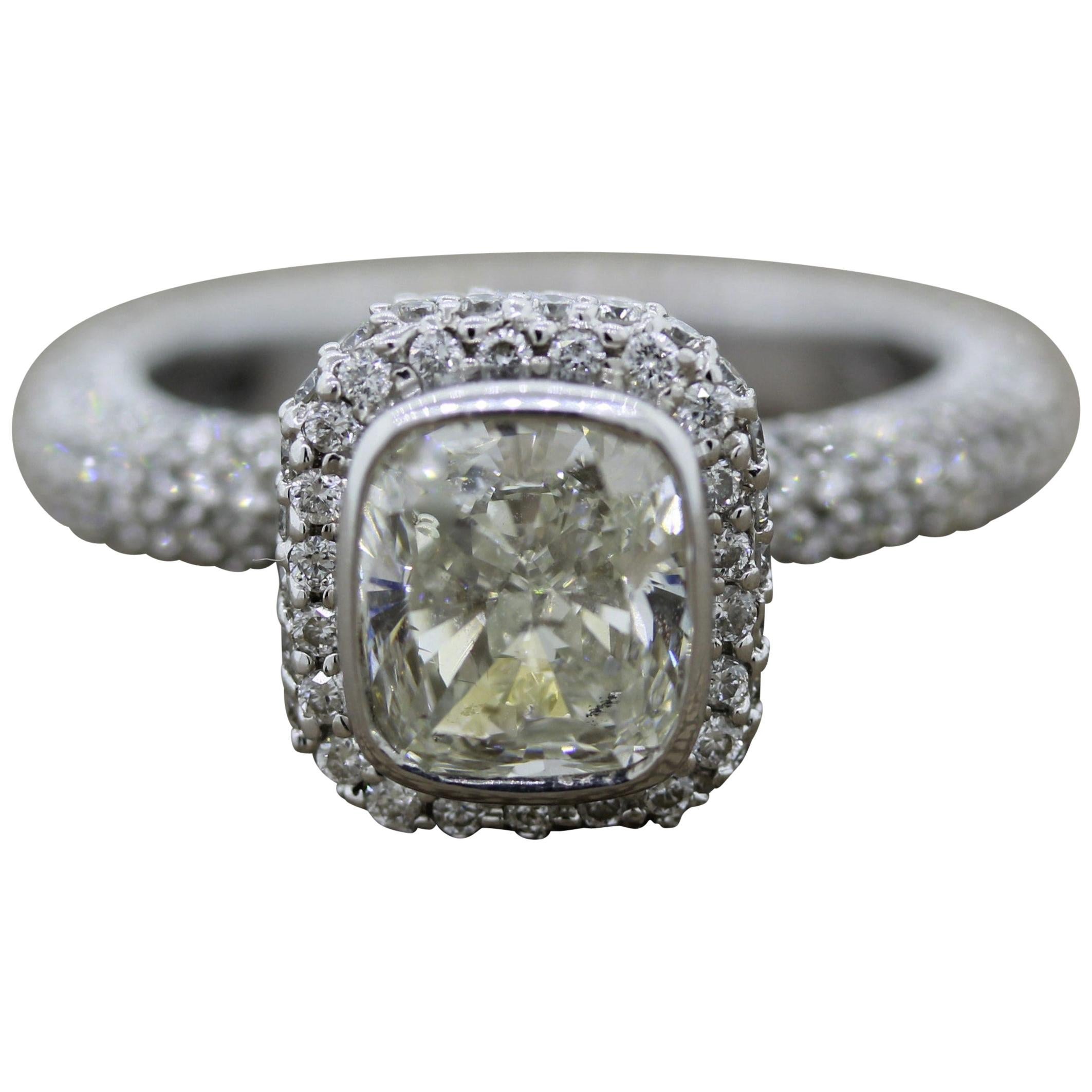 Cushion Diamond Gold Bezel Set Engagement Ring For Sale