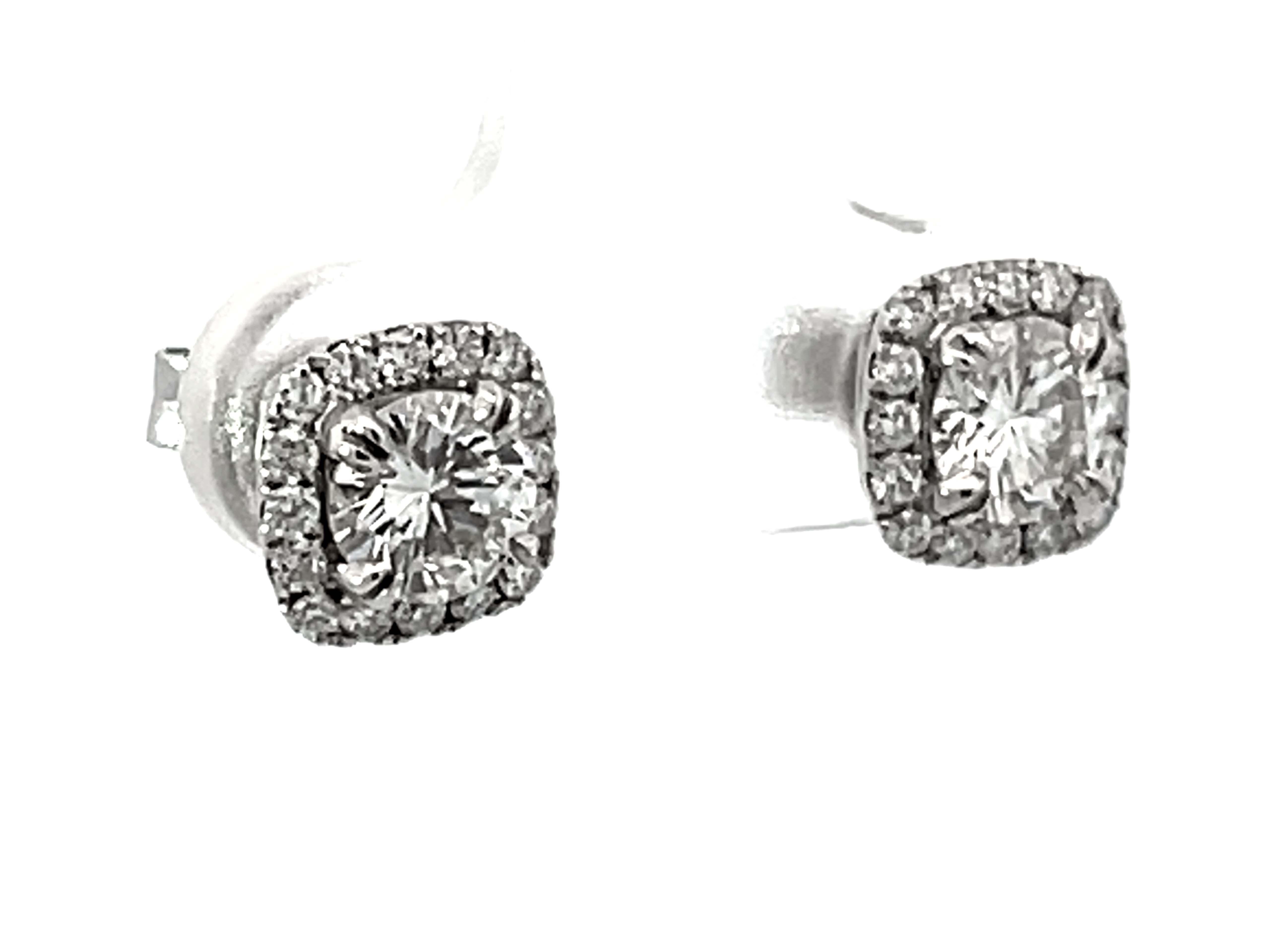 Modern Cushion Diamond Halo Diamond Stud Earrings 14k White Gold For Sale