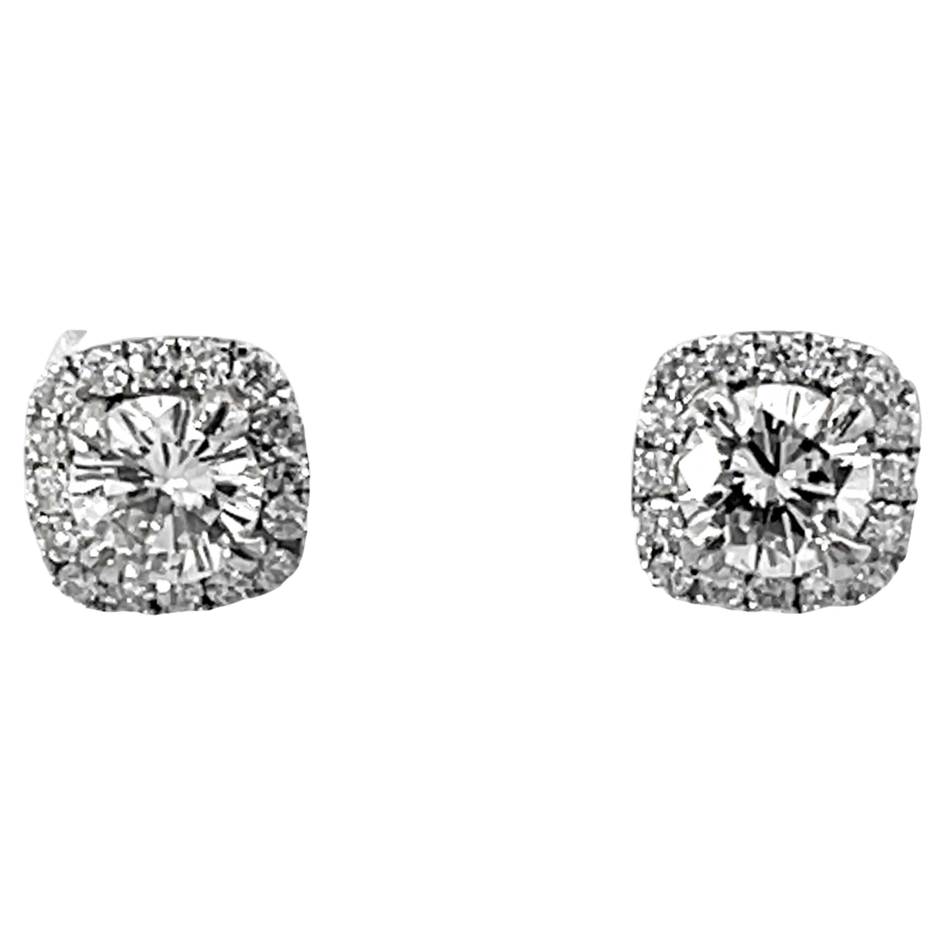 Cushion Diamond Halo Diamond Stud Earrings 14k White Gold For Sale