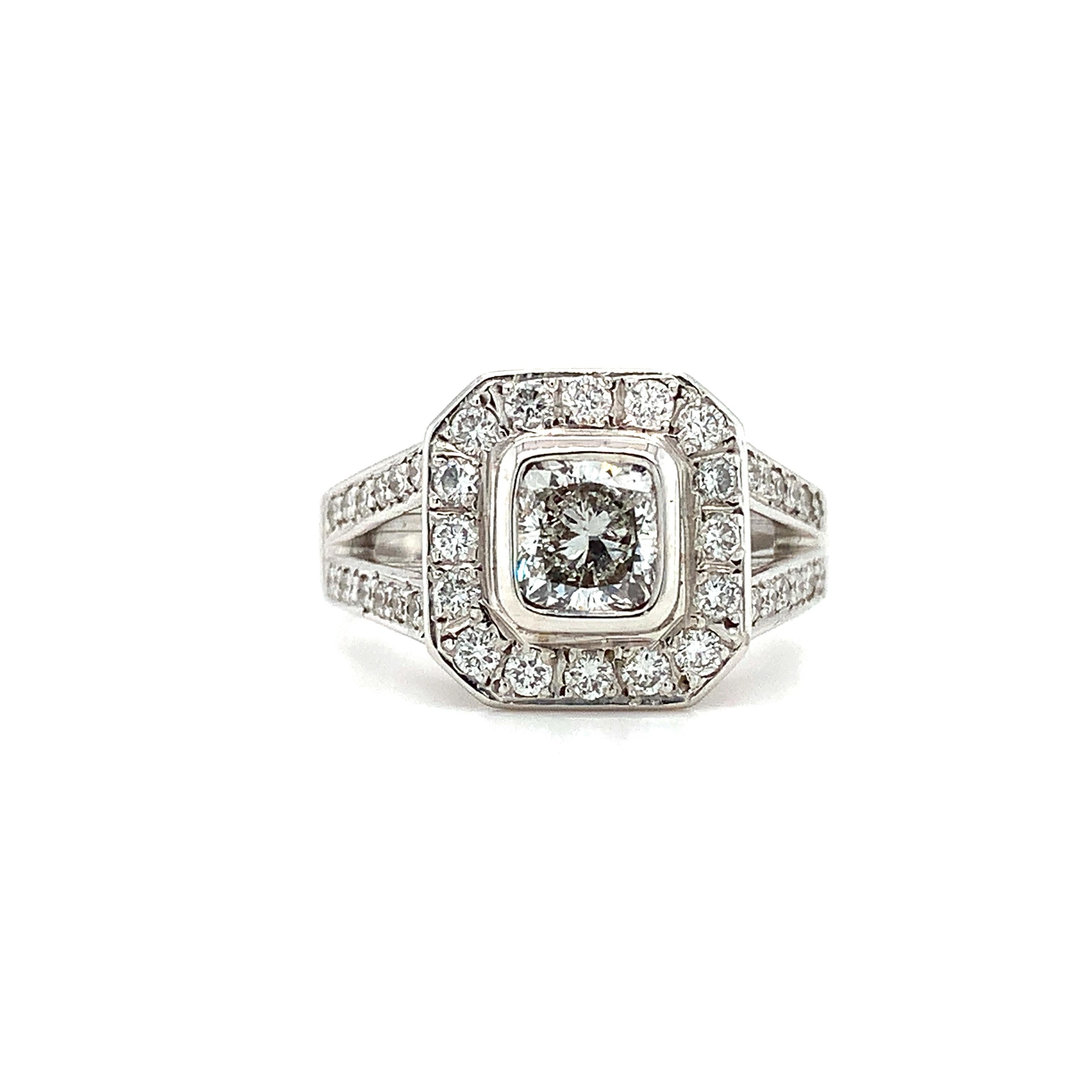 Modern Cushion diamond halo engagement ring 18k white gold For Sale