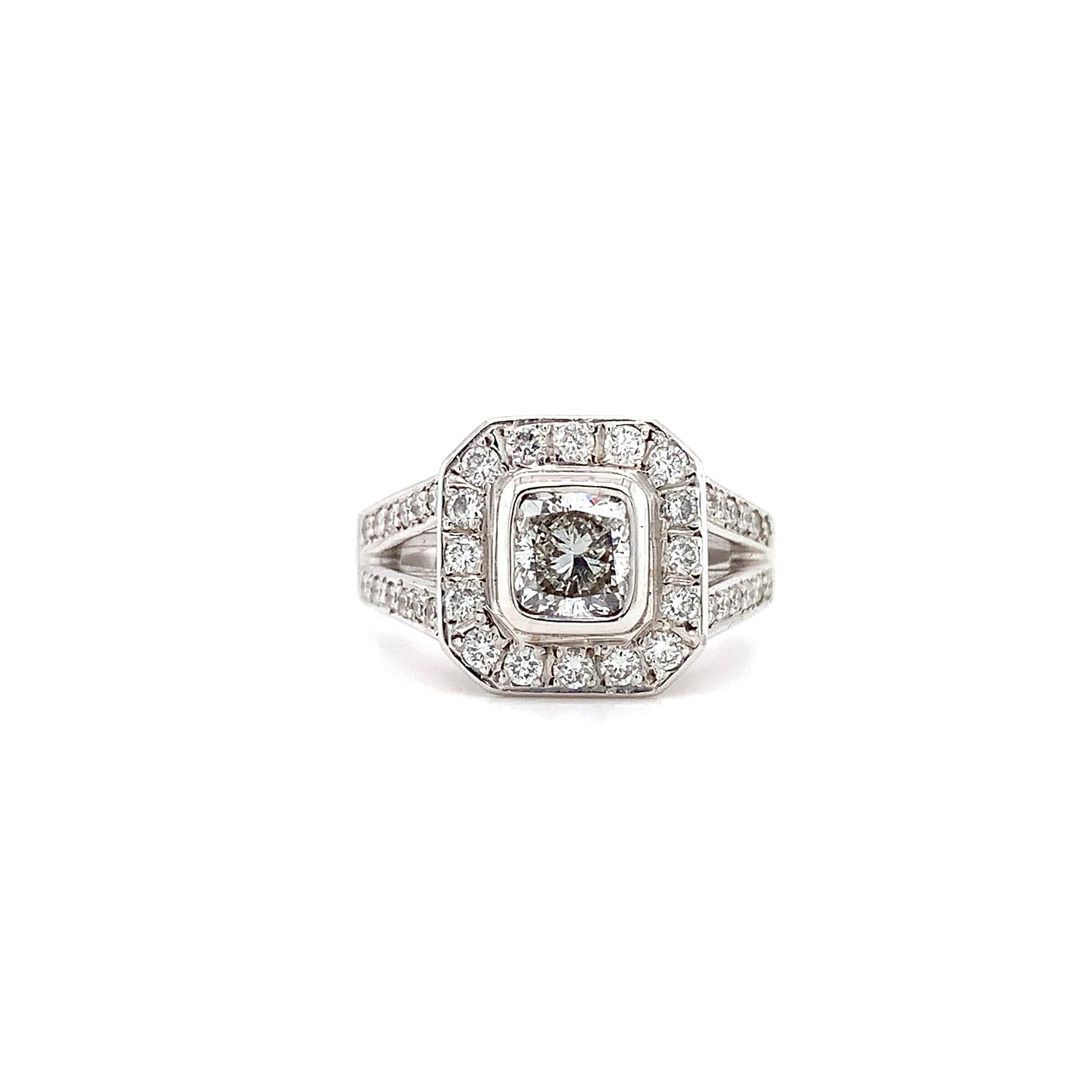 Women's or Men's Cushion diamond halo engagement ring 18k white gold For Sale