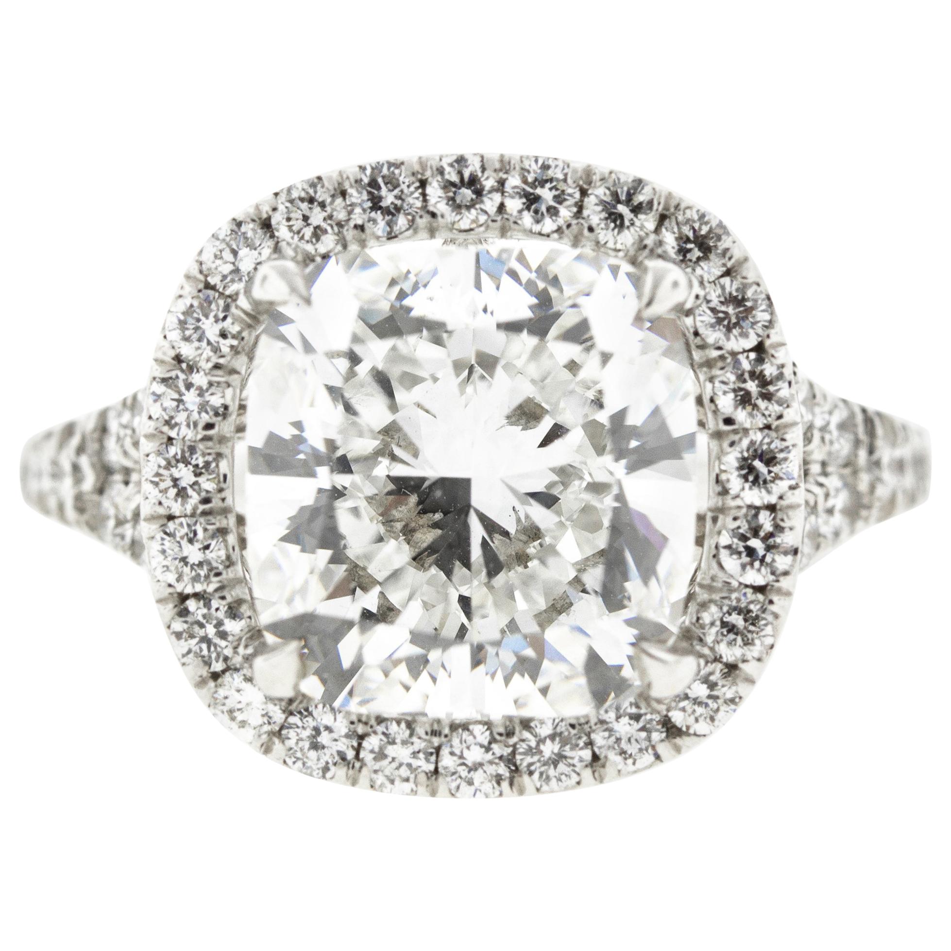 Classic Cushion Cut Diamond Engagement Ring with Diamond Halo For Sale