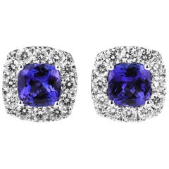 Cushion/Diamond shape Tanzanite and Diamond Cluster Earrings in 18ct White Gold