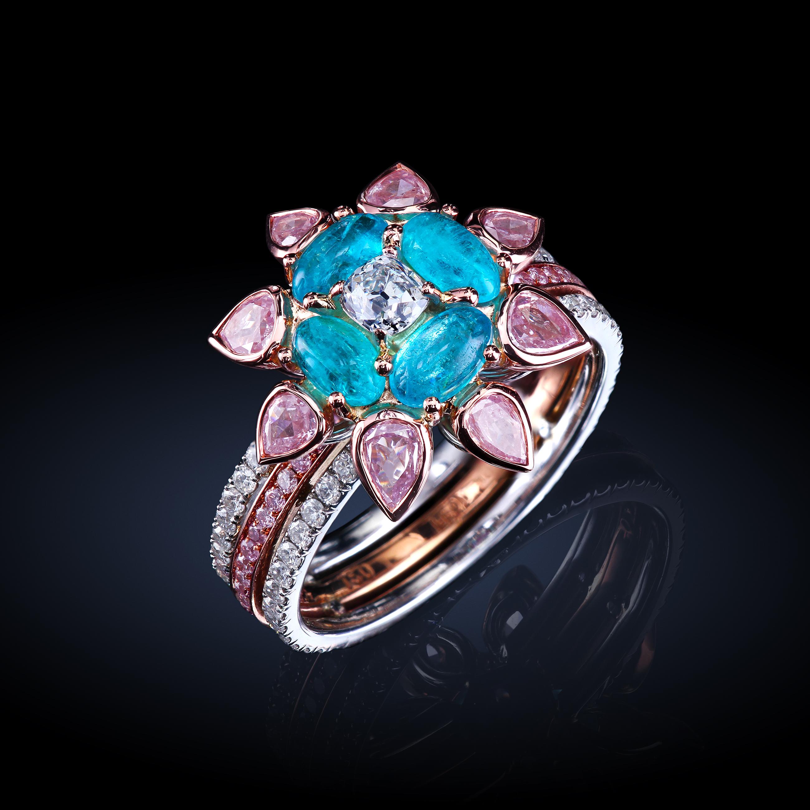 Contemporary Cushion Diamond with 4 Natural Brazil Paraibas 18 Karat Rose Gold Platinum Ring
