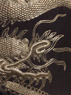 Cushion Dragon Hand Embroidery Silver Thread On Black Hand Woven Silk