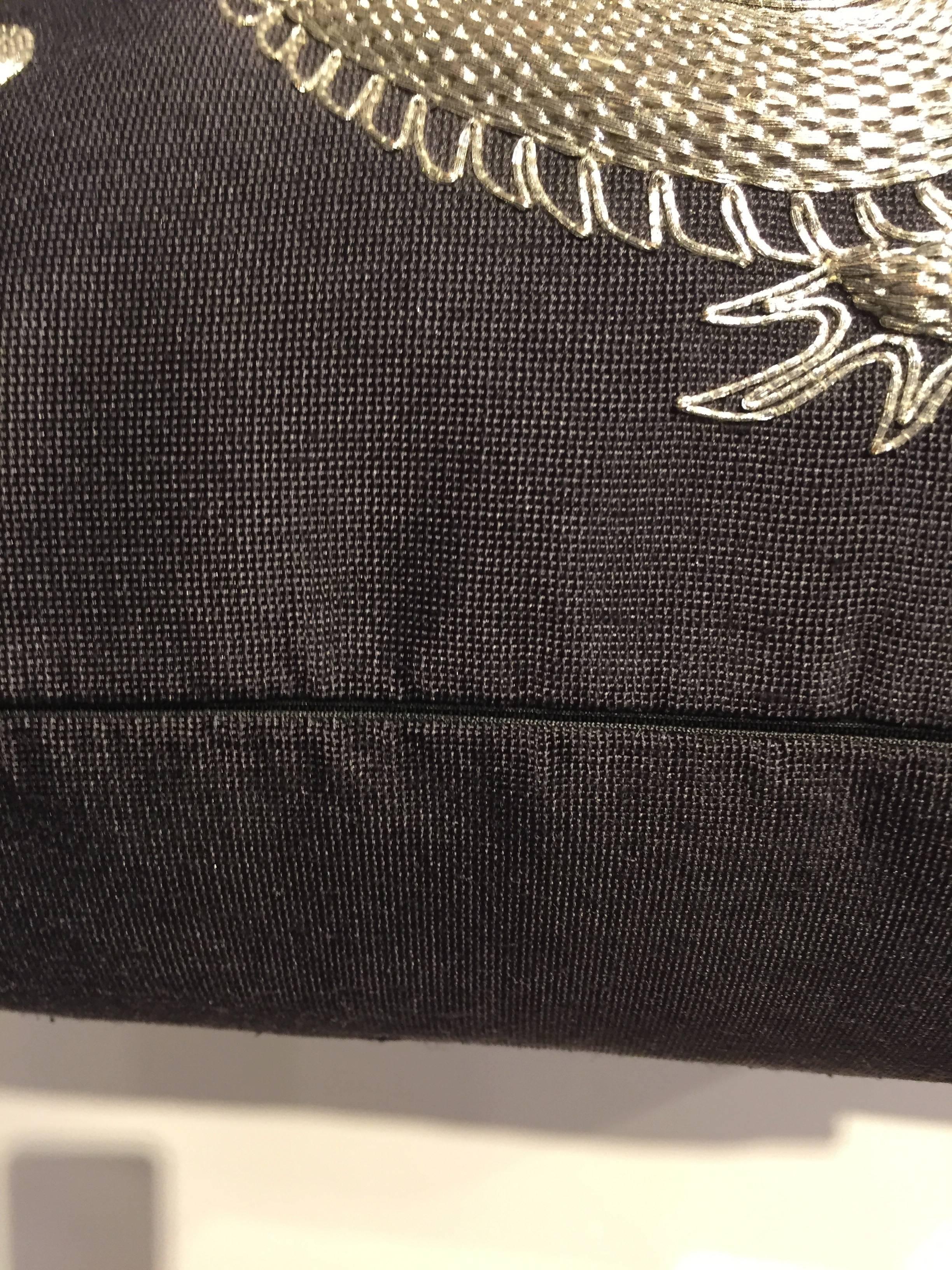 Chinoiserie Cushion Dragon Hand Embroidery Silver Thread On Black Hand Woven Silk For Sale
