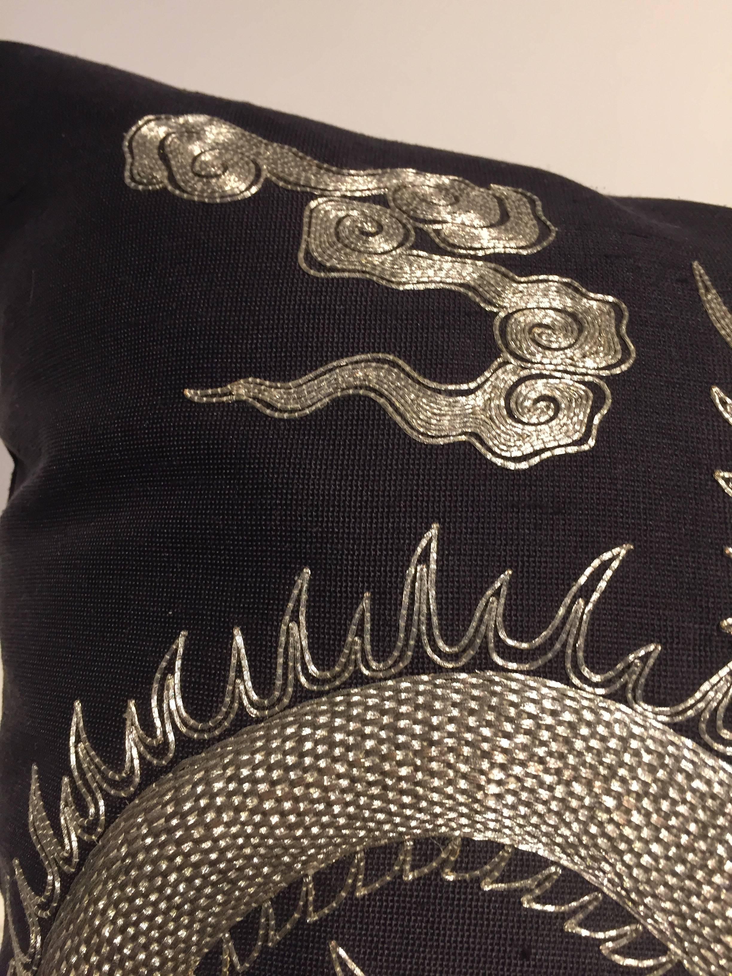 German Cushion Dragon Hand Embroidery Silver Thread Square Shaped On Black Silk  For Sale