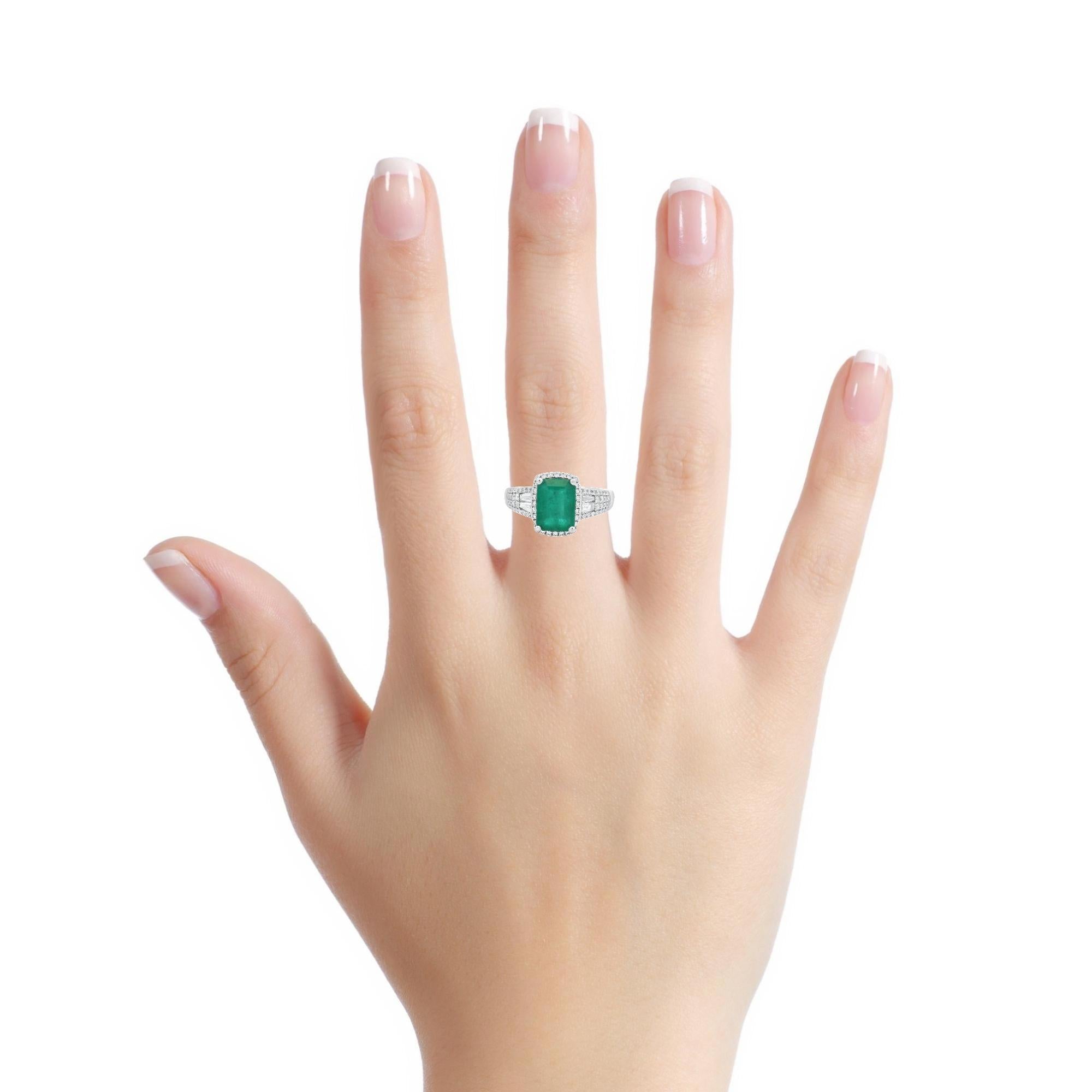 Contemporary Cushion Emerald and Diamond Halo Ring 1.45ct Center in 14K White Gold Size 6 For Sale
