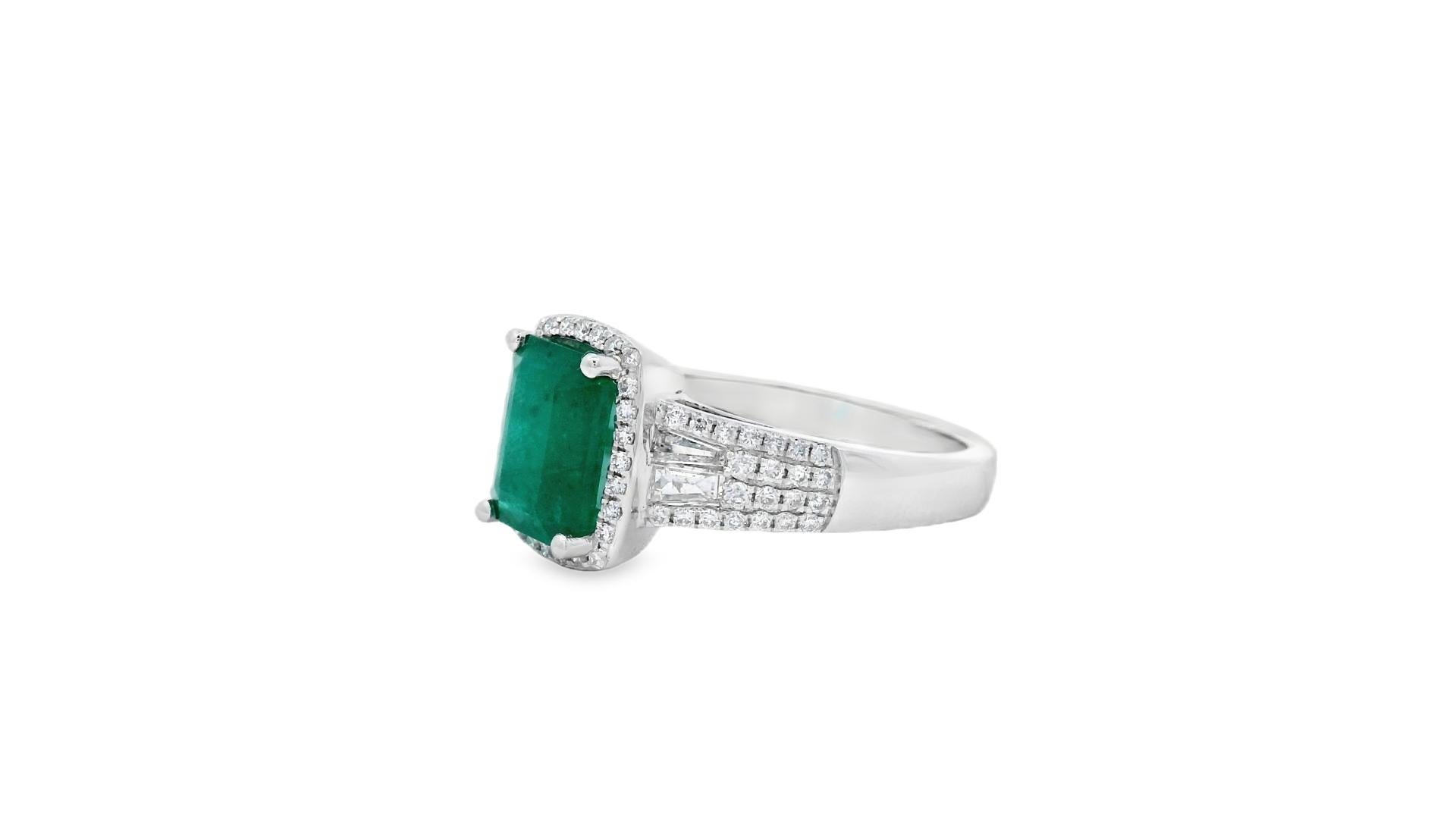 Cushion Emerald and Diamond Halo Ring 1.45ct Center in 14K White Gold Size 6 For Sale 1