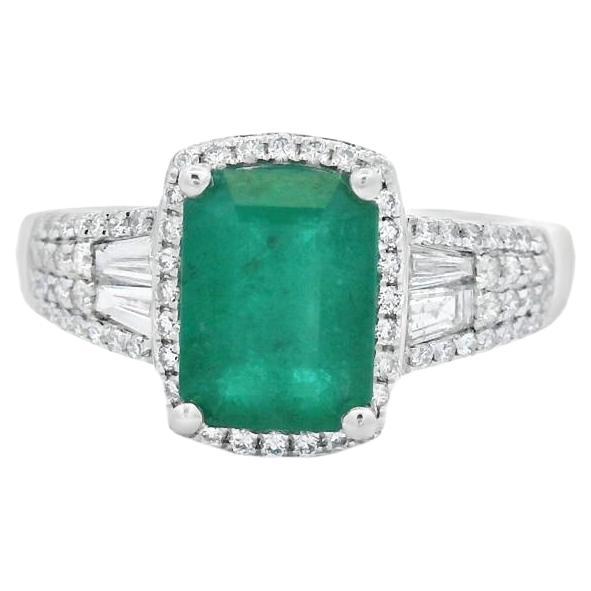 Cushion Emerald and Diamond Halo Ring 1.45ct Center in 14K White Gold Size 6