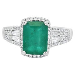 Cushion Emerald and Diamond Halo Ring 1.45ct Center in 14K White Gold Size 6