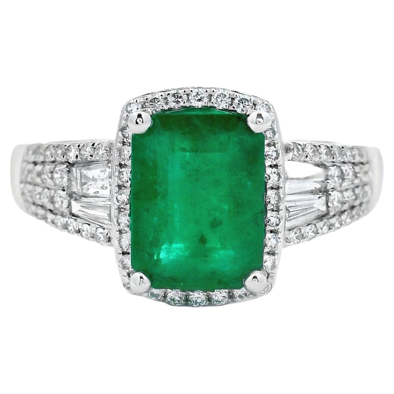 Bague Halo Emeraude et Diamant 1.45ct en or blanc 14K Taille 6