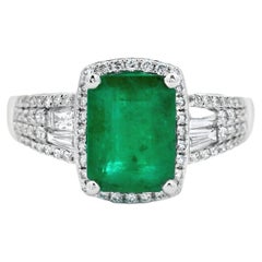 Cushion Emerald and Diamond Halo Ring 1.45ct Center in 14K White Gold Size 6