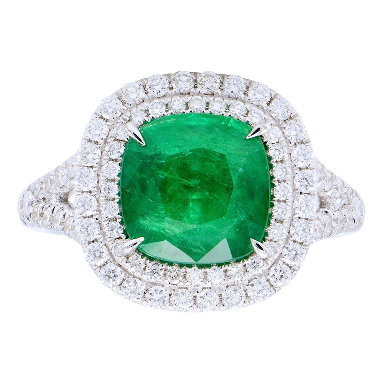 Cushion Emerald Ring with Diamond Halo and Band For Sale