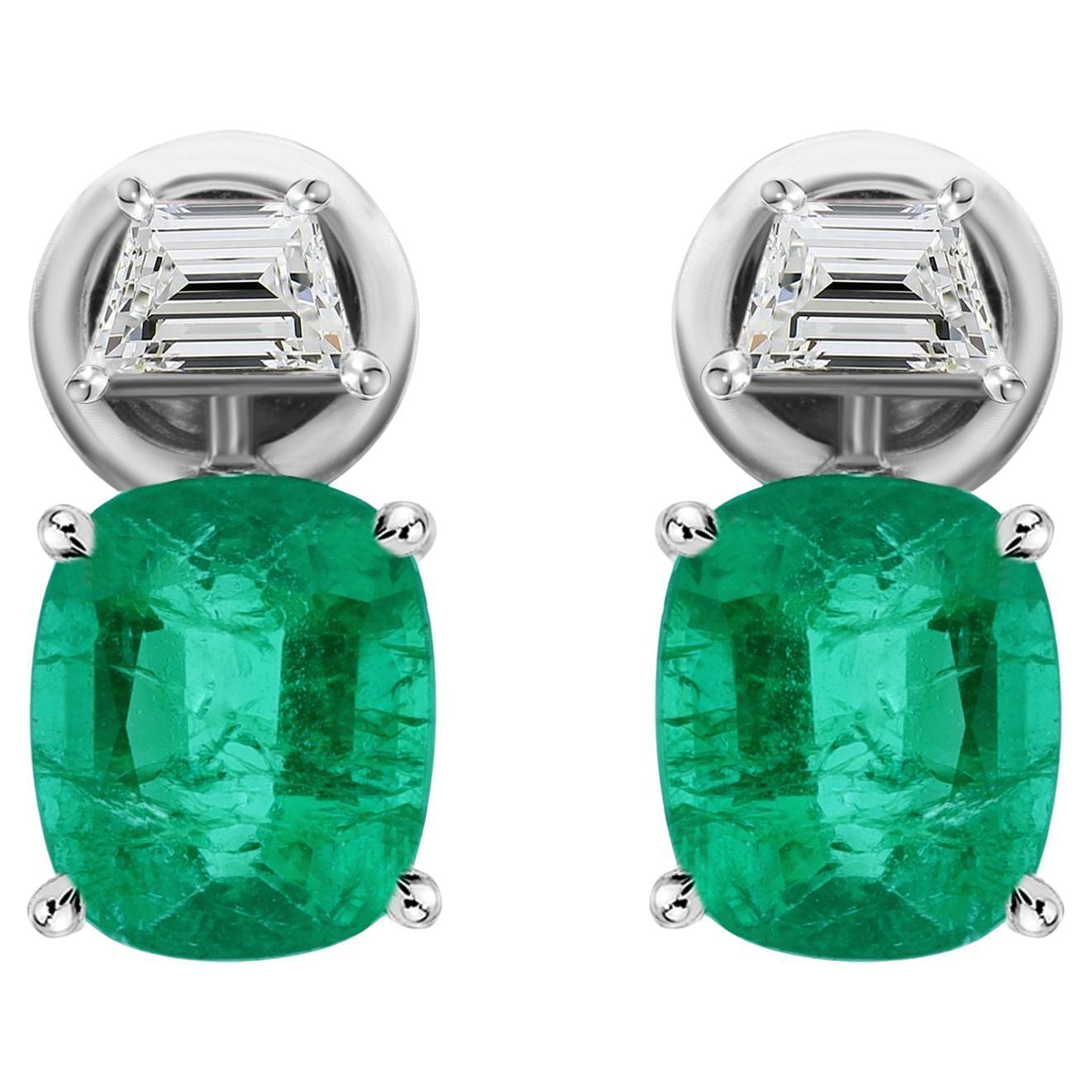 Cushion Emerald Trapeze Diamond Dainty Stud Earrings 18k White Gold For Sale