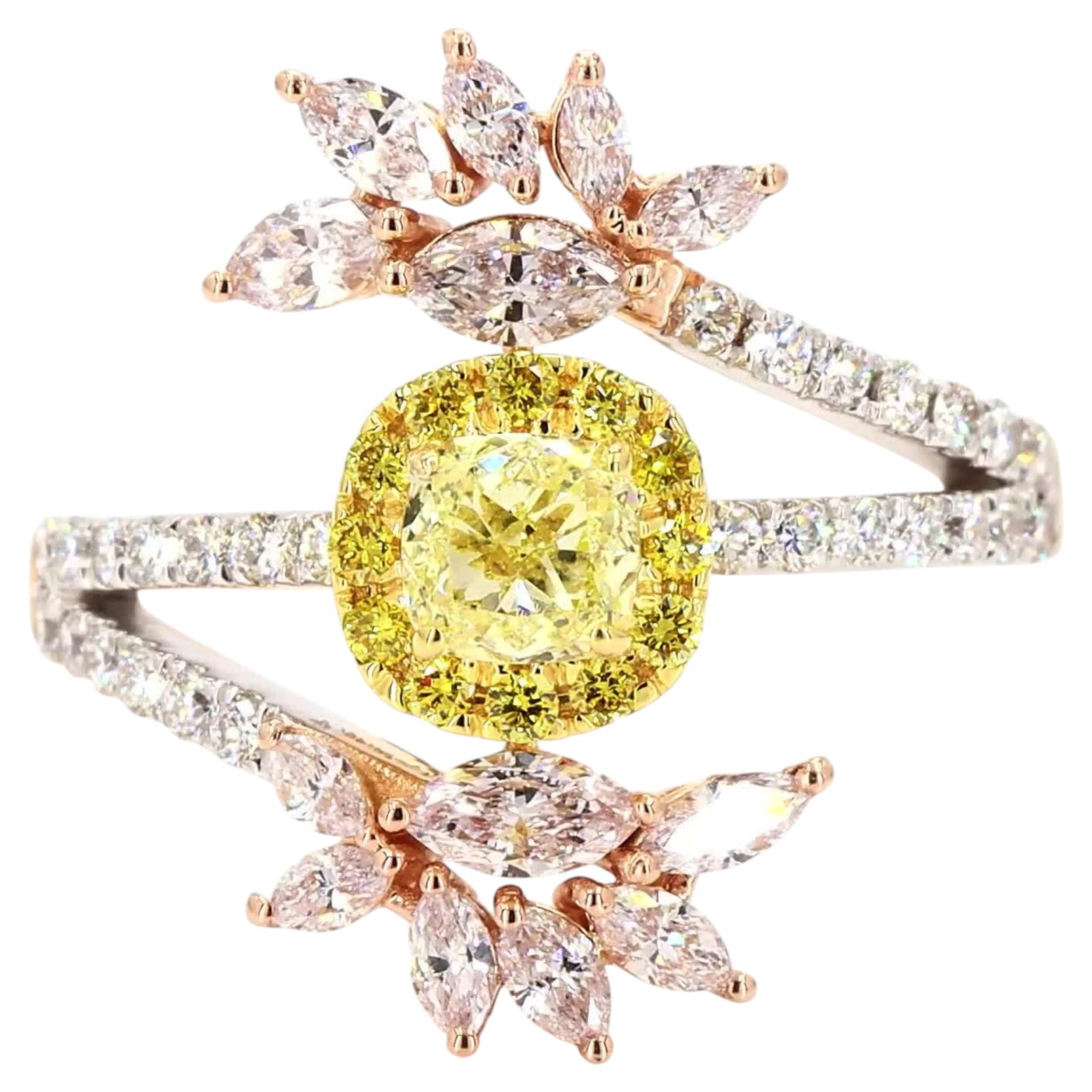 Cushion Fancy Color Natural Diamond Bypass Ring in 18k Solid Gold (Certified)