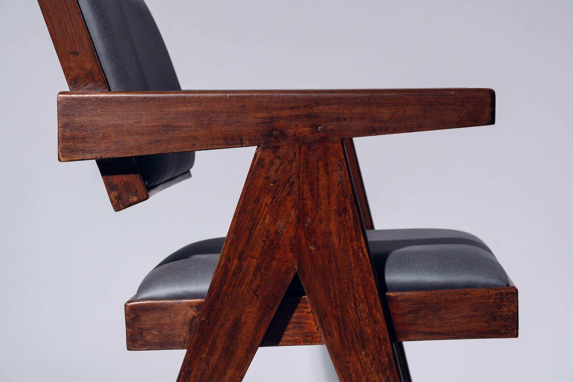 Faux Leather Cushion Floating Back Chair by Pierre Jeanneret for Chandigarh, Circa 1955-56 For Sale