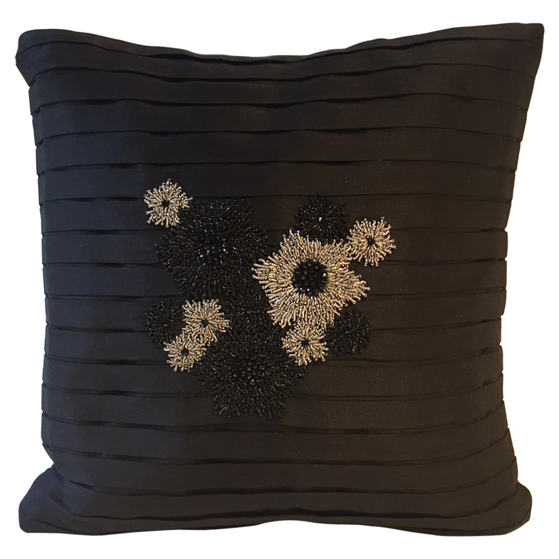 Cushion Floral Hand Embroidery on Pleated Black Silk