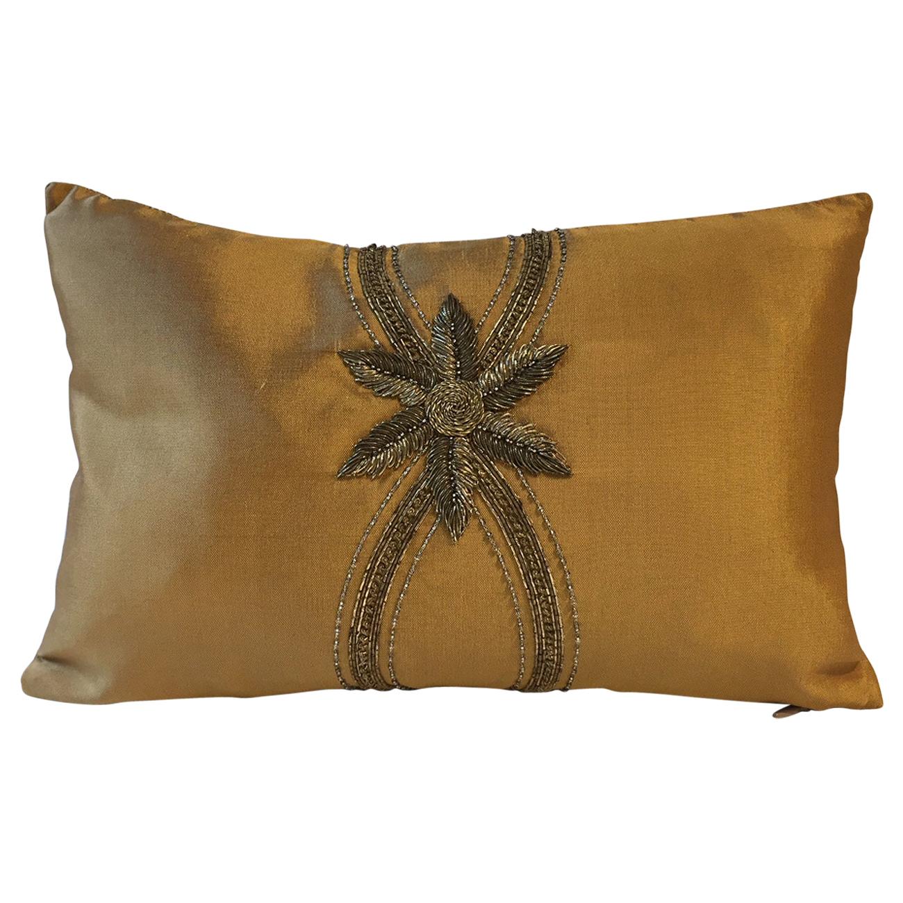 Cushion Floral Hand Embroidery on Silk Color Gold-Ginger For Sale