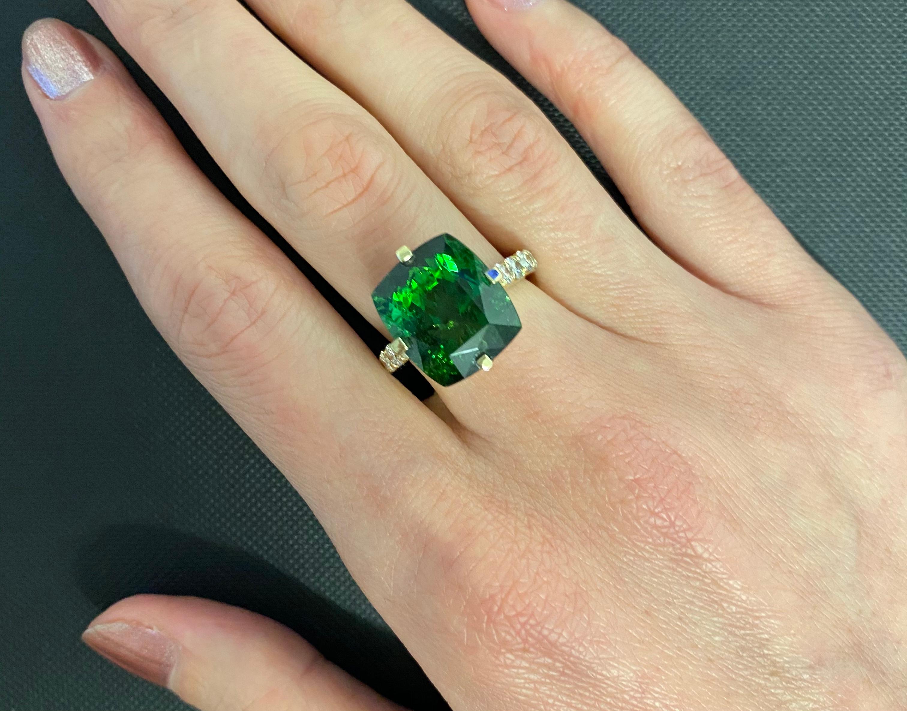 Elongated Cushion Green Tourmaline Diamond Cocktail Solitaire Prongset Gold Ring For Sale 5