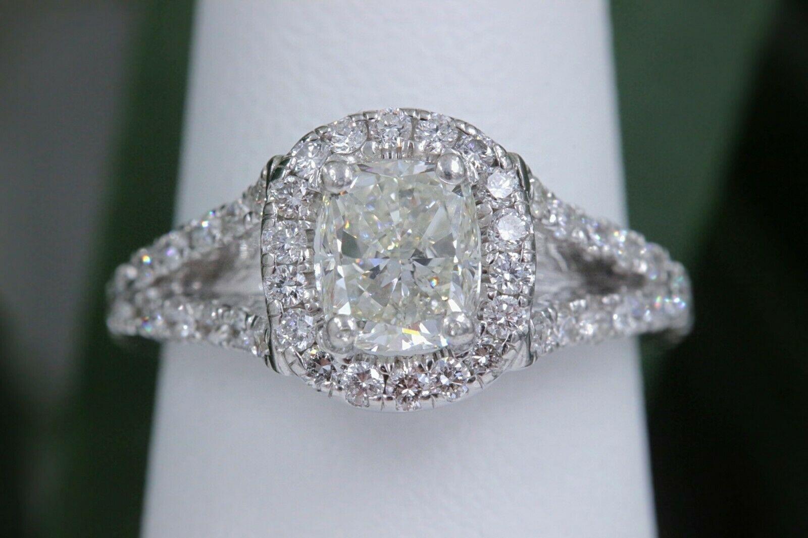 Cushion Halo Diamond Engagement Ring 1.55 Carat 14 Karat White Gold For Sale 2