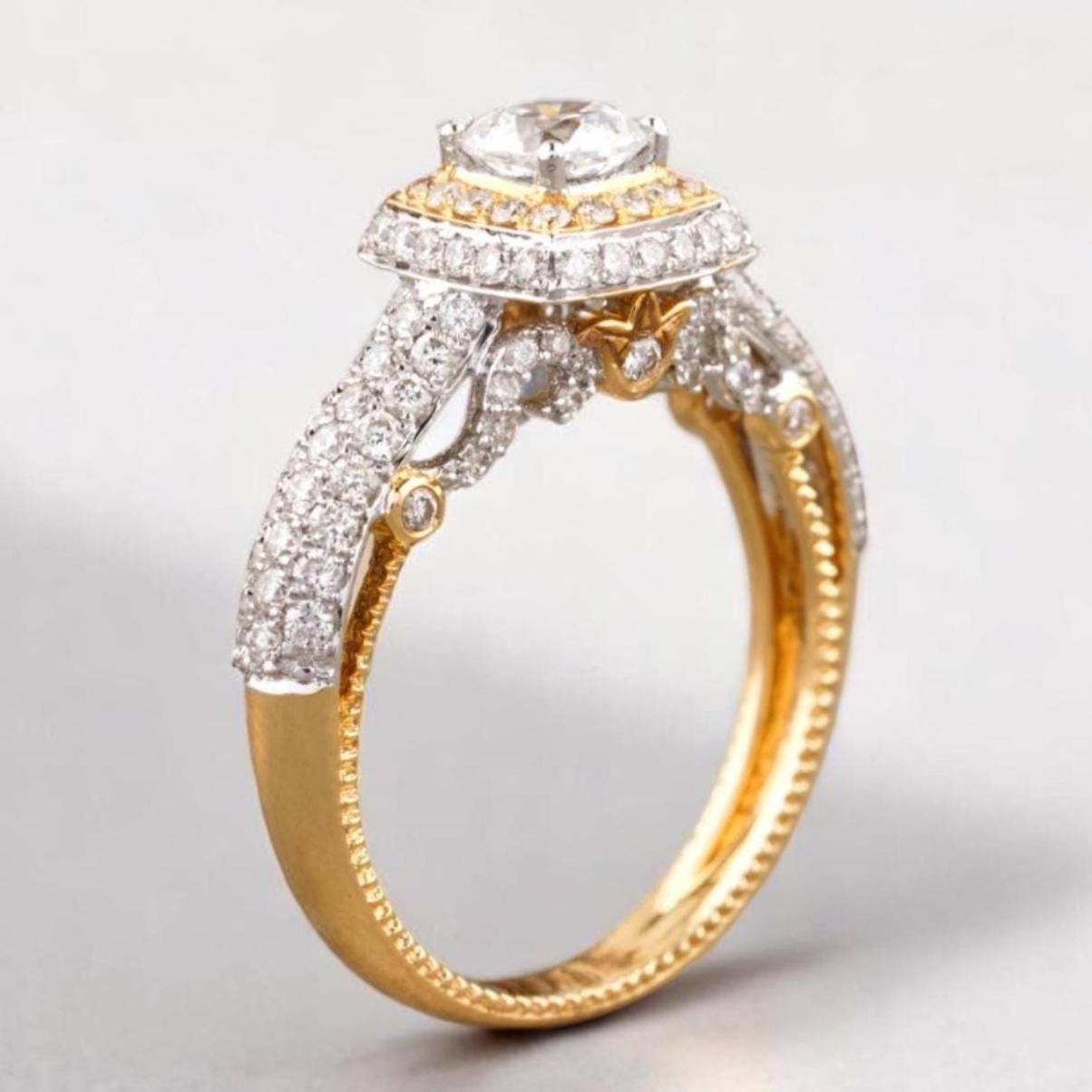 Proposition de bague en or massif 14k avec halo coussin et diamant naturel (certifié) Pour femmes en vente