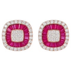 Pendientes de botón con rubí natural y diamantes en forma de halo, en oro macizo de 14k (certificados)