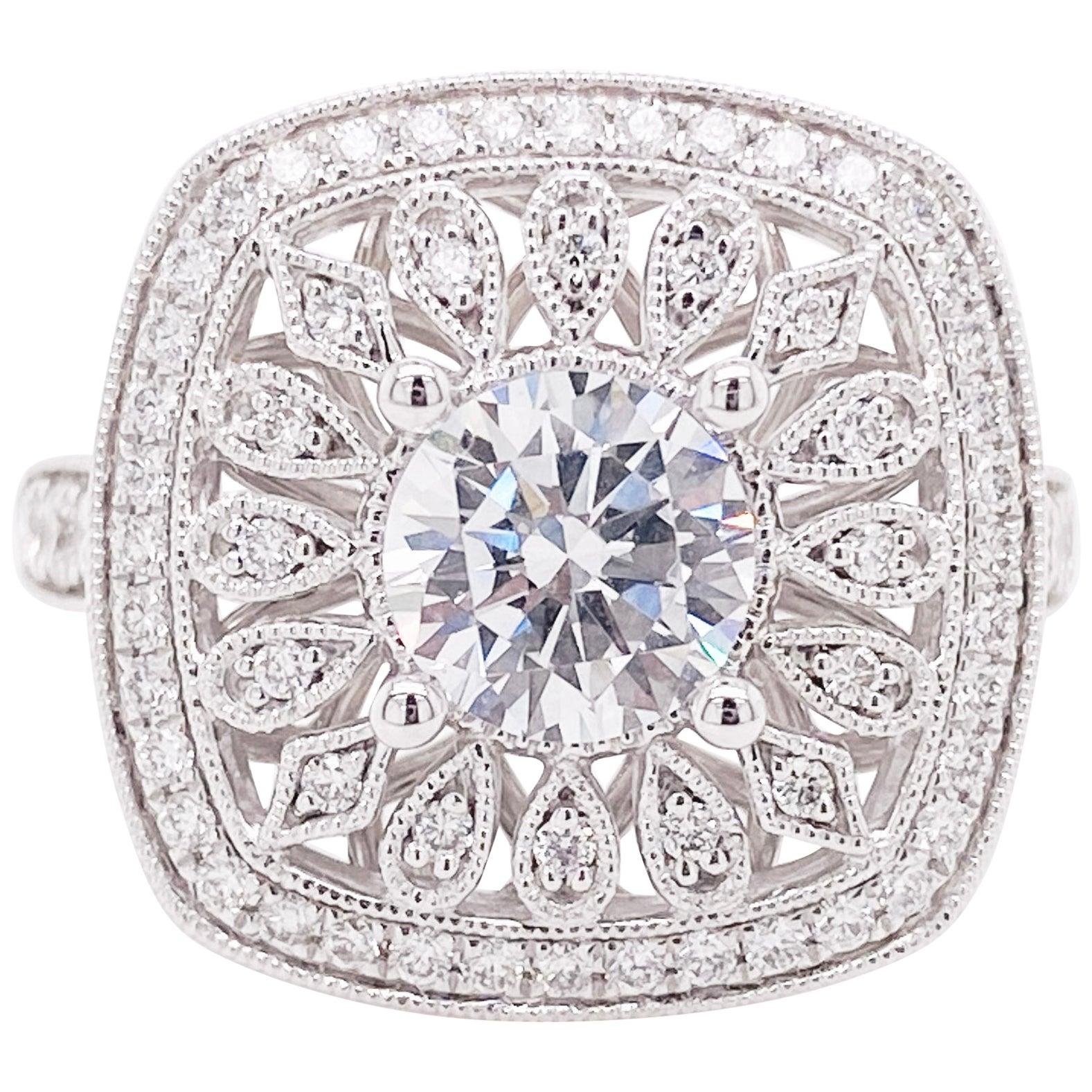 For Sale:  Cushion Halo Ring, Diamond, 14 Karat White Gold, Round Center, Engagement