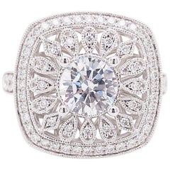 Cushion Halo Ring, Diamond, 14 Karat White Gold, Round Center, Engagement