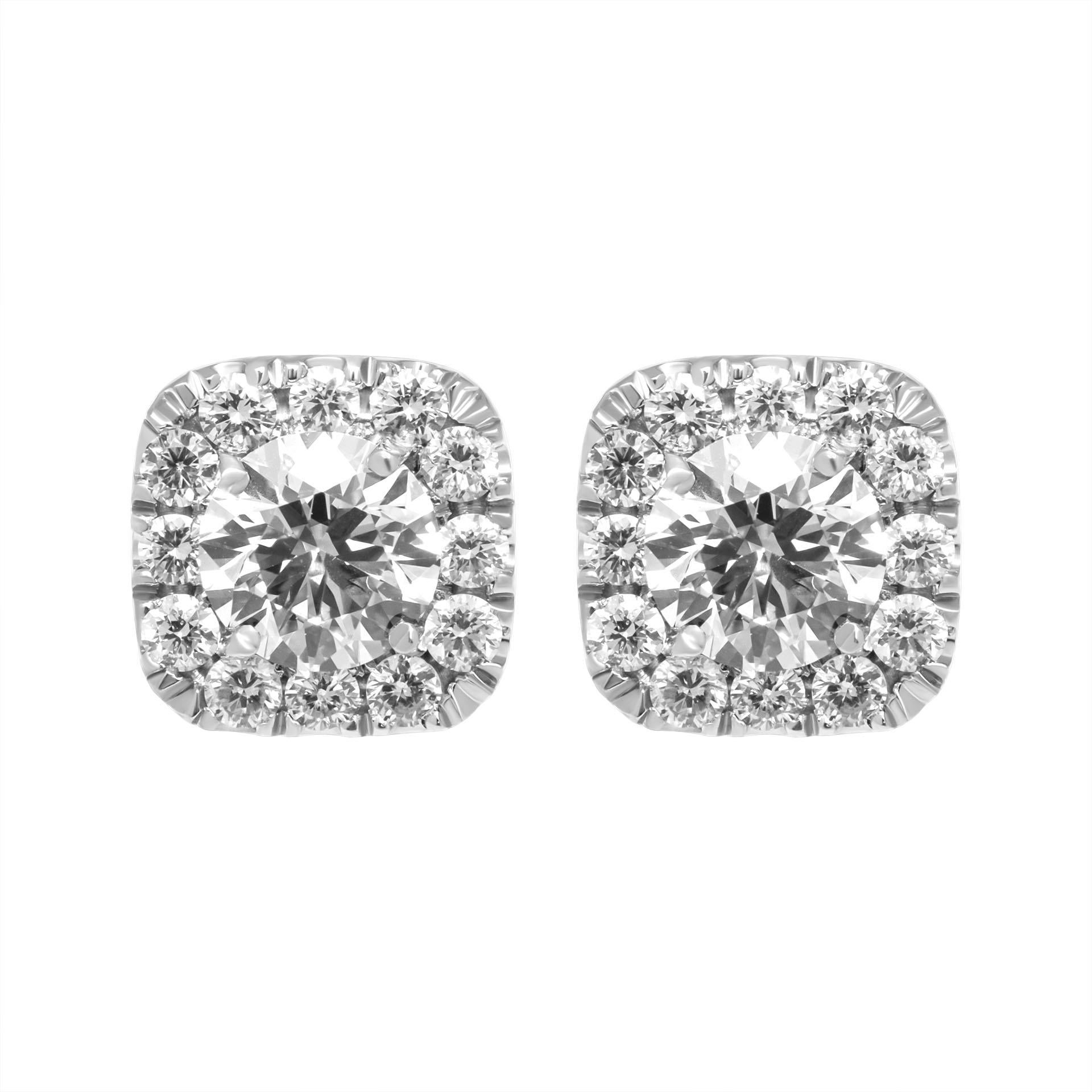 Modern Cushion Halo Stud Earrings with Round Stones in Platinum For Sale