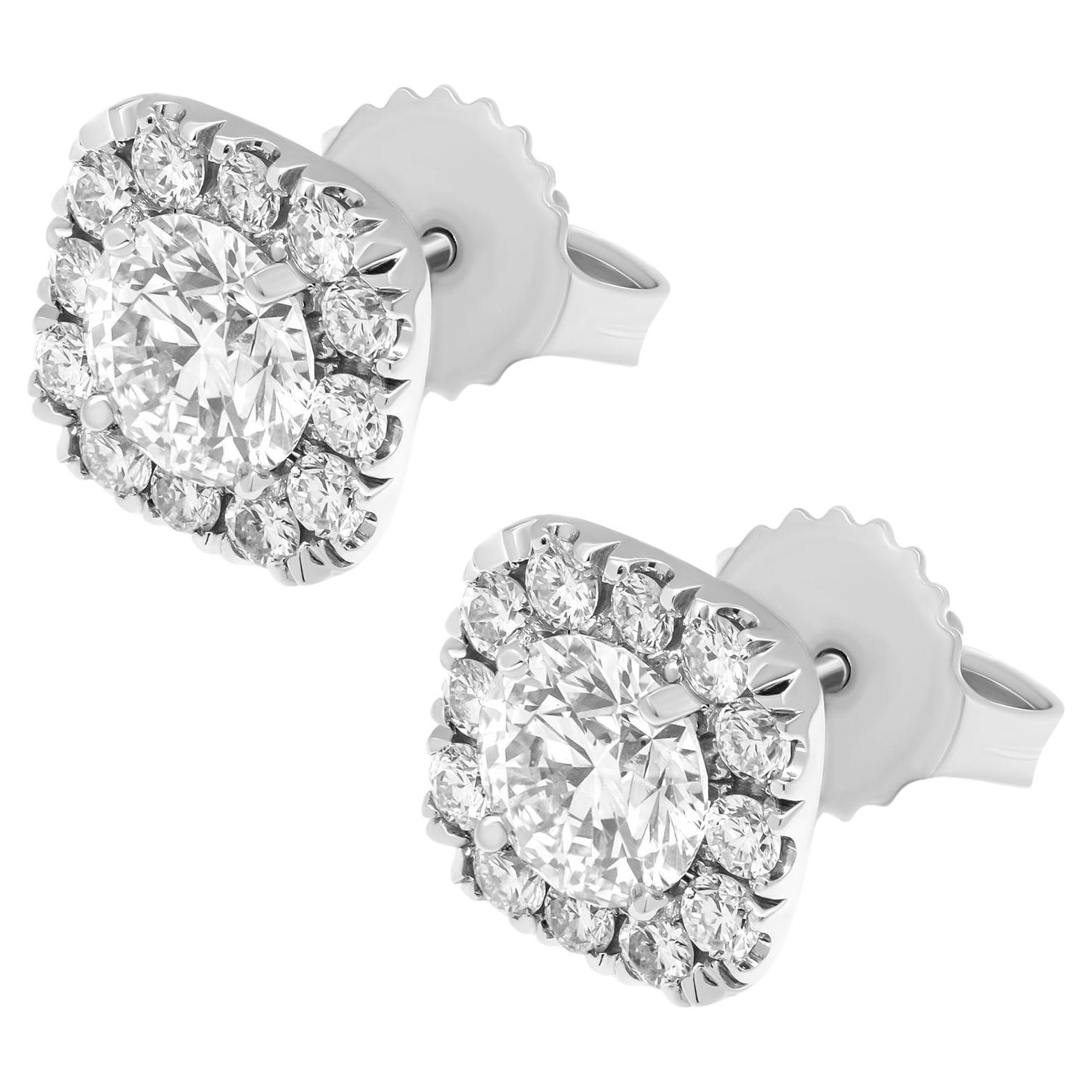 Cushion Halo Stud Earrings with Round Stones in Platinum For Sale