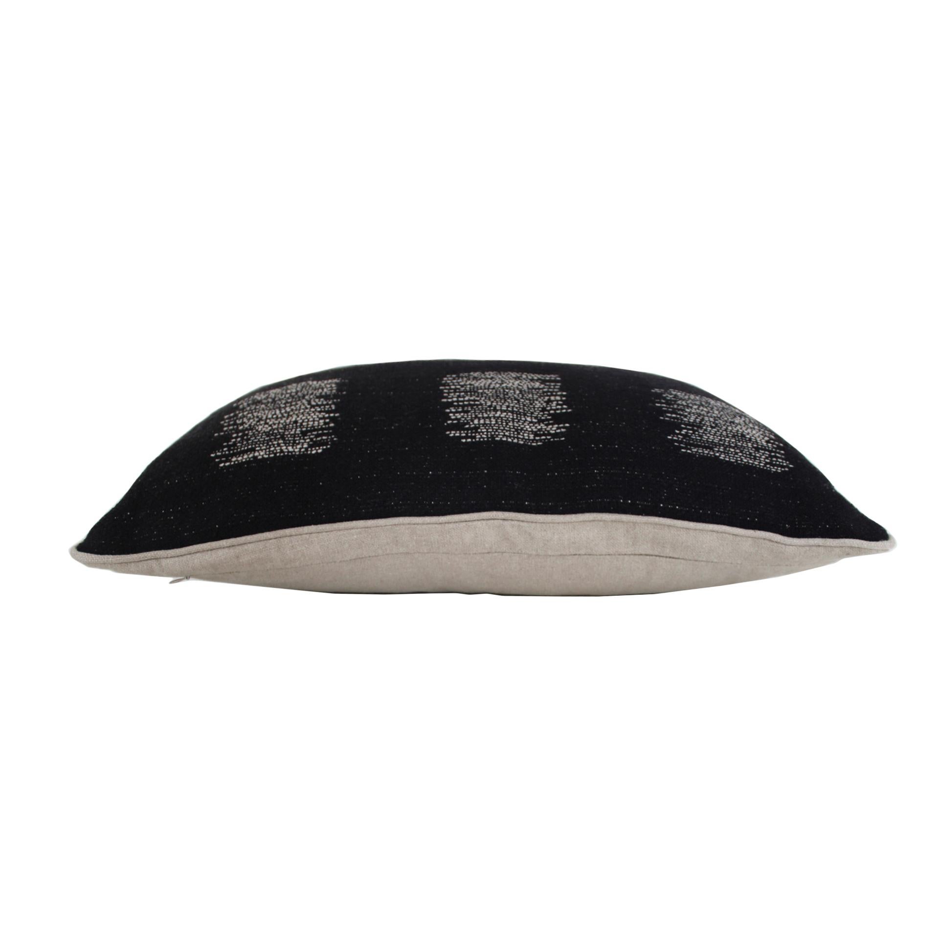 European Cushion in Black with Double Tinsel Trim and Linen Sand Back For Sale