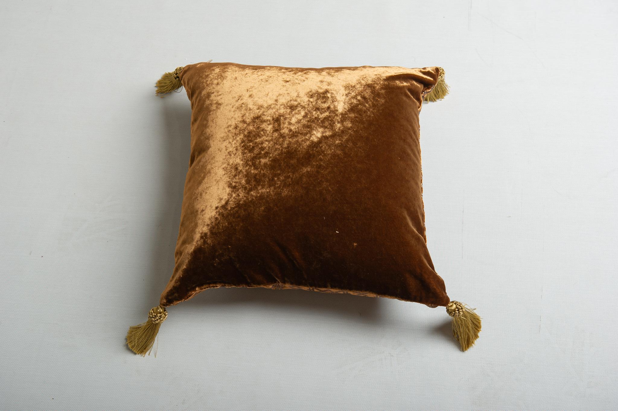 Other Pillow in Light Brown Signed Velvet with Gold Print For Sale