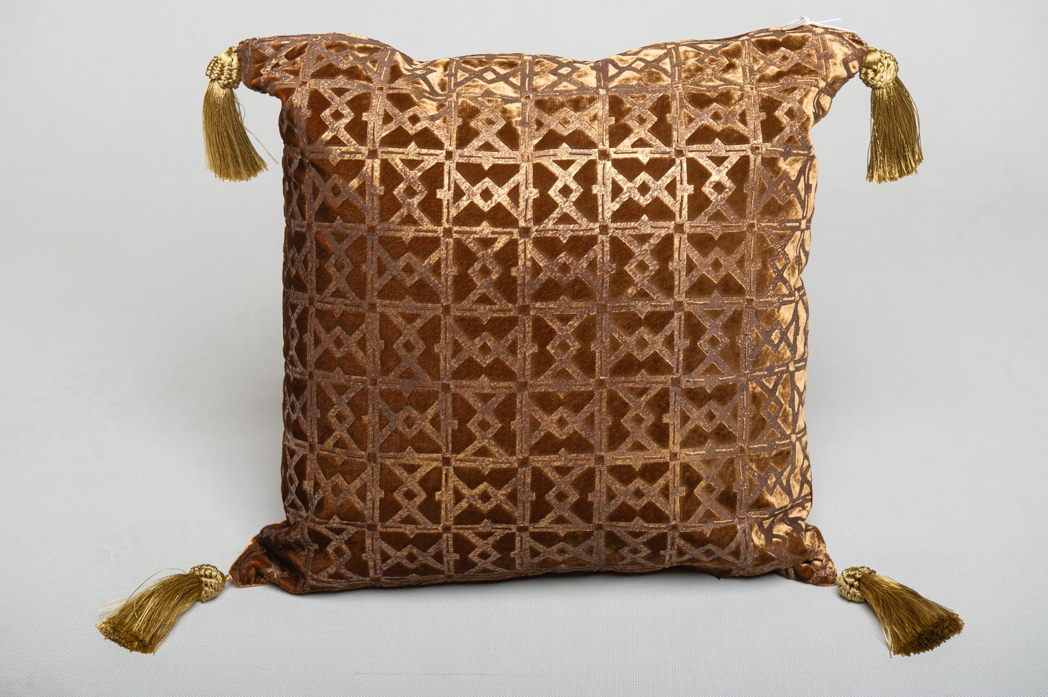 Contemporary Pillow in Light Brown Signed Velvet with Gold Print For Sale