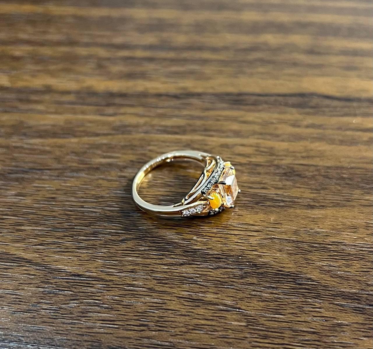 Cushion Cut Cushion Light Peach Pink Morganite Orange Opals Diamonds 14KRose Gold Band Ring For Sale