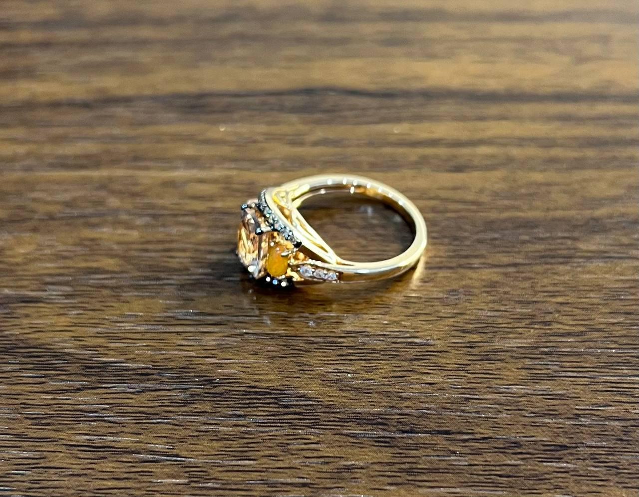 Cushion Light Peach Pink Morganite Orange Opals Diamonds 14KRose Gold Band Ring In New Condition For Sale In Oakton, VA