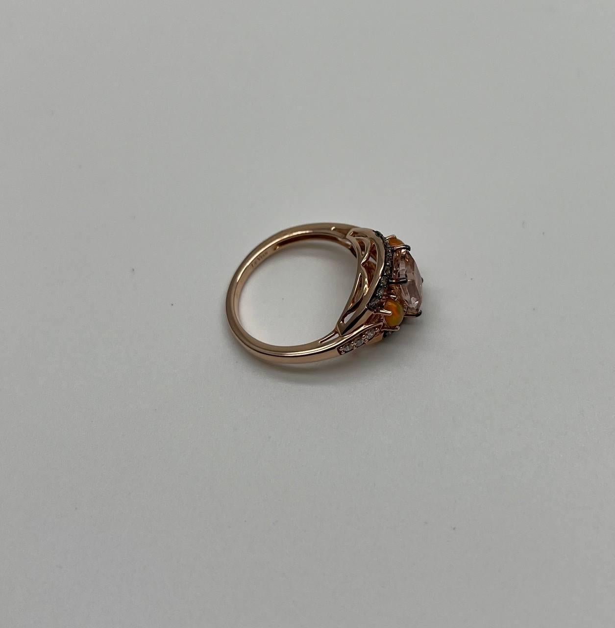 Cushion Light Peach Pink Morganite Orange Opals Diamonds 14KRose Gold Band Ring For Sale 1