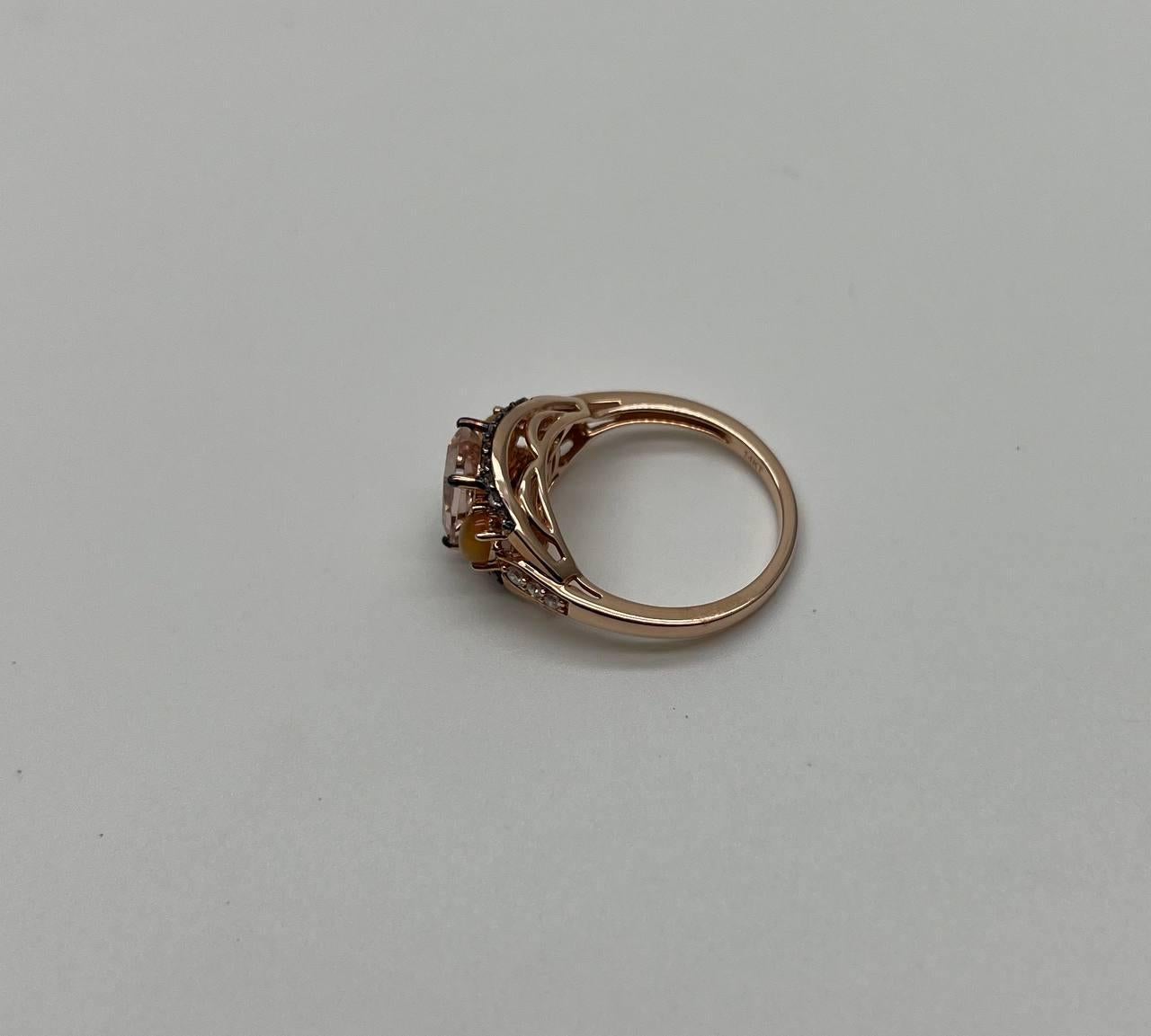 Cushion Light Peach Pink Morganite Orange Opals Diamonds 14KRose Gold Band Ring For Sale 2