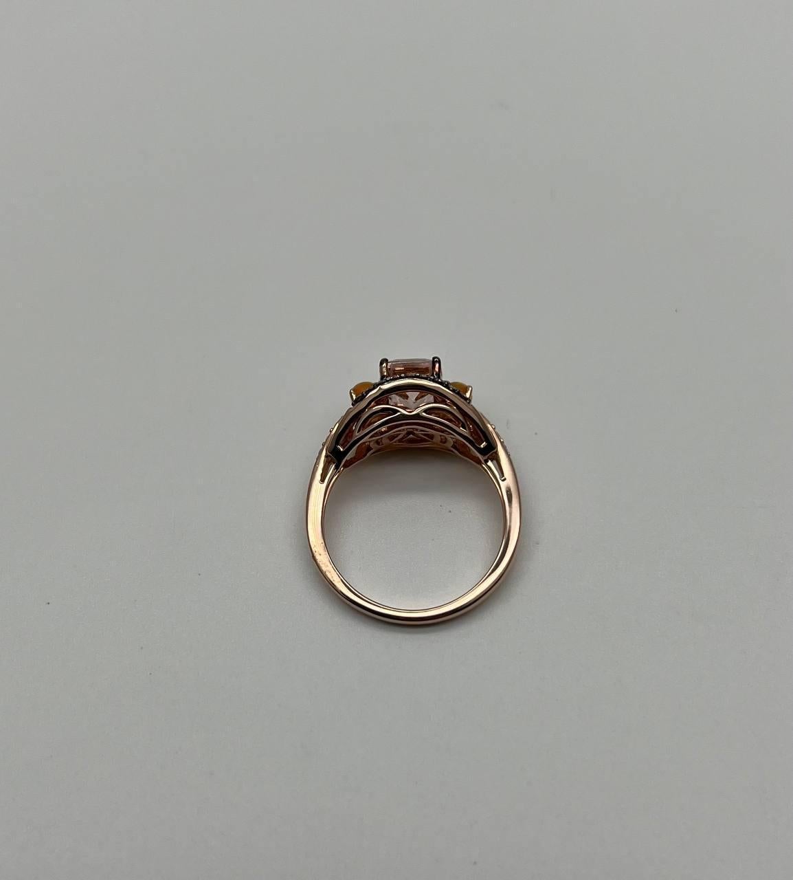 Cushion Light Peach Pink Morganite Orange Opals Diamonds 14KRose Gold Band Ring For Sale 3